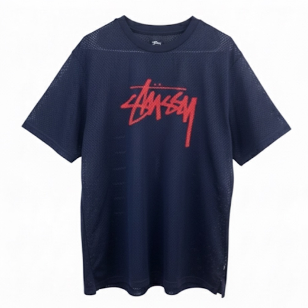 Stussy Navy Blue Short Sleeve Tee with Red Logo